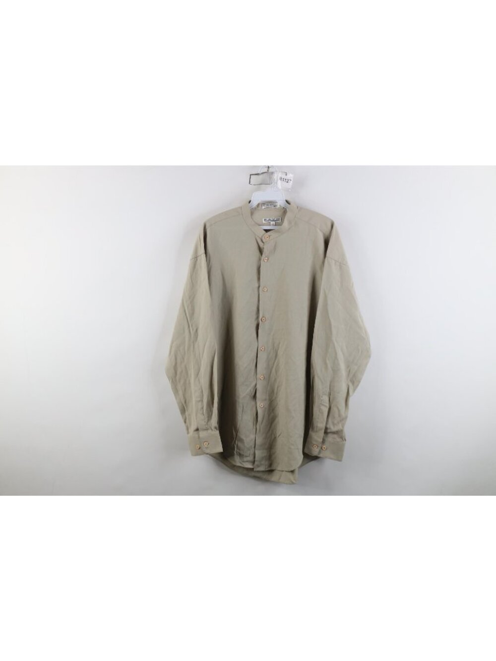 Vintage 90s Streetwear Mens Large Rayon Gabardine Band Collar Button Shirt Beige